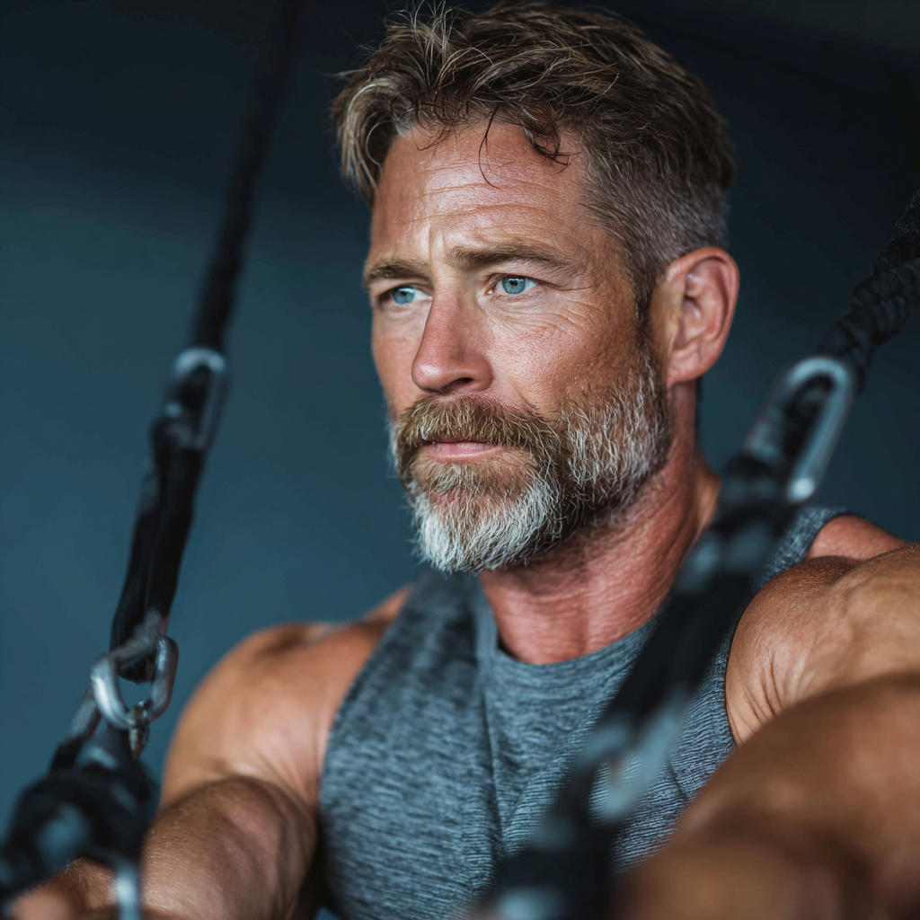 Focused man in his late forties demonstrating perfect form during functional training session