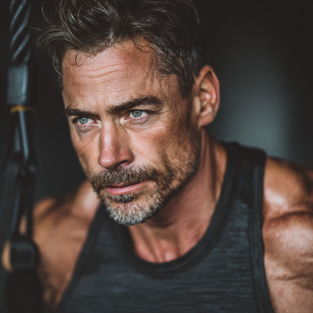 Mature man in his forties performing functional training exercises with focus and determination